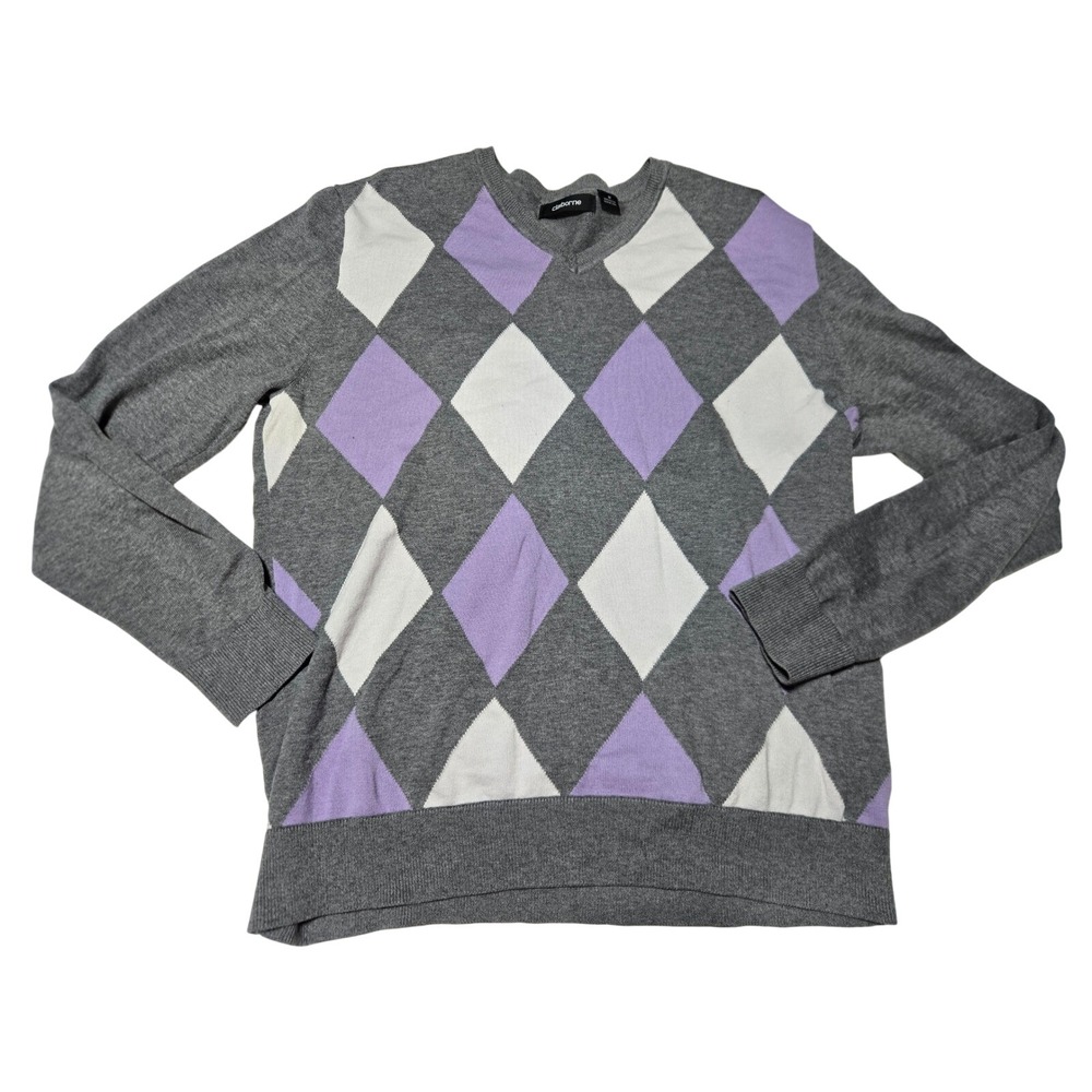Claiborne Argyle Sweater‎ Gray Purple Diamond Knit Men's M Cotton